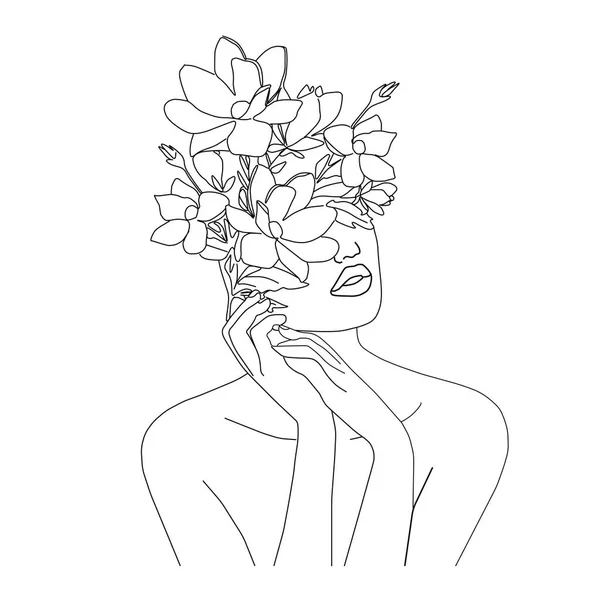 Chica Cara Manos Con Flores Lugar Cabeza Minnimalist Oneline Vector —  Fotos de Stock