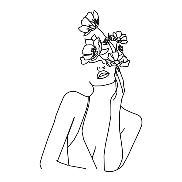 Ilustración Vectorial Oneline Niña Con Las Manos Cabeza Con Flores —  Fotos de Stock