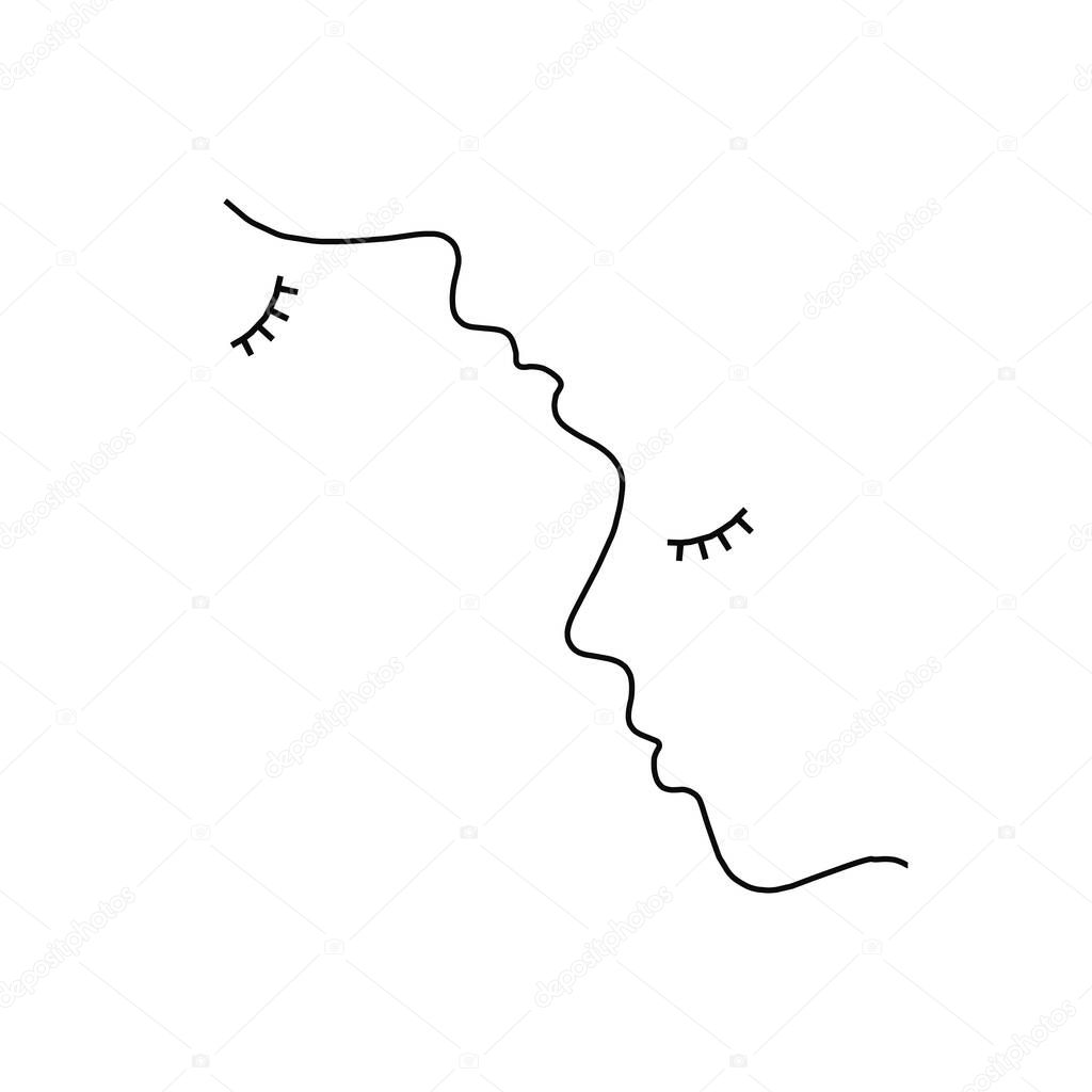 Two people faces together with closed eyes abstract line illustration vector