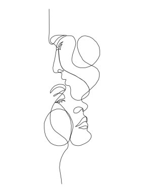 İki yüz, sürekli çizgi, iki kafa çizimi, erkek ve kadın, minimalist konsept logo illüstrasyon vektörü