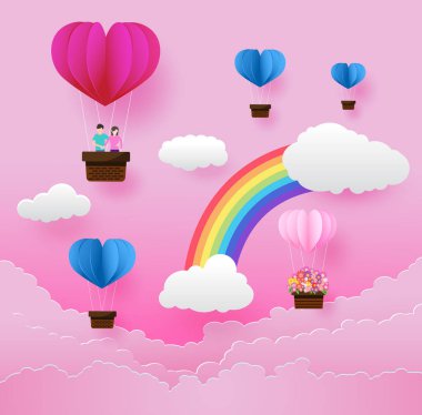 Gökyüzünde renkli hava balonu, sevgililer günü, kağıt sanat tarzı