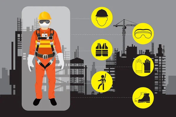 Equipo de seguridad, trabajador de la construcción — Vector de stock