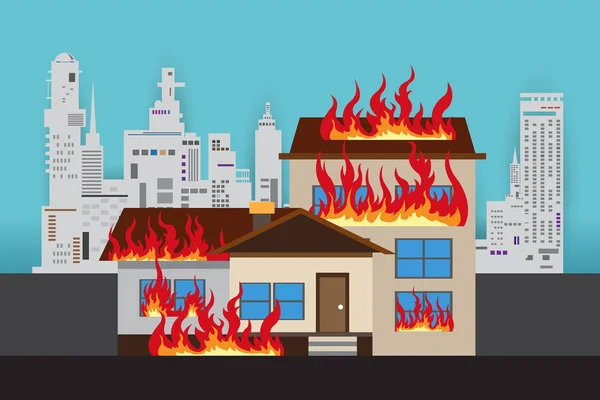 Lángoló ház, első a biztonság. — Stock Vector