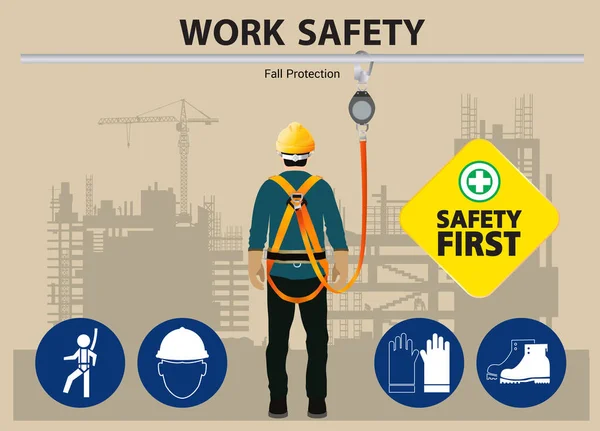 Fall Protection Construction Worker Safety First Vector Design — Stock Vector