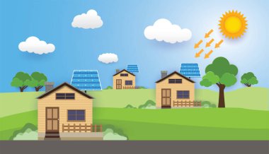 Yeşil enerji ve modern ev, güneş pili, ECO dostu ev, vektör tasarımı