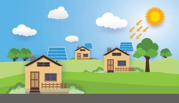 Πράσινη Ενέργεια Και Σύγχρονη Κατοικία Ηλιακή Κυψέλη Eco Friendly Home — Διανυσματικό Αρχείο