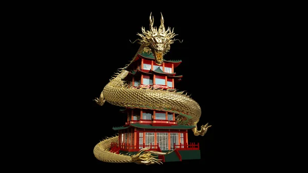 金瓷龙在红色的中国塔周围移动 3D渲染包括阿尔法剪接路径 — 图库照片