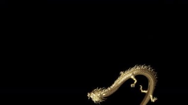 3D animasyon altın çin ejderhası yavaşça yere doğru ilerler 3D görüntüleme ile alfa yolu içerir.