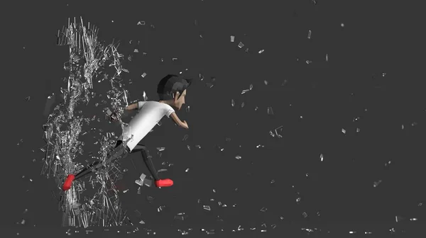 The man run through broken mirror with 3d rendering.