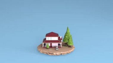 Çizgi film 3d çokgen evi, 3D görüntüleme ile mavi arkaplan üzerindeki para yığınına dönüşümdür.