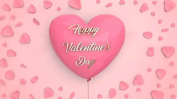 Happy Valentine\'s Day letter on pink 3d Heart in the center of card have petal of pink rose around it with 3d rendering.