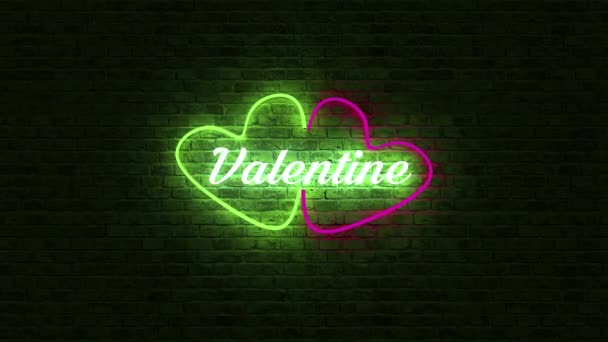 Animationsschleifenfarbe Neonlicht Mit Herzlogo Und Valentinstext Vor Backsteinwand Hintergrund Mit — Stockvideo