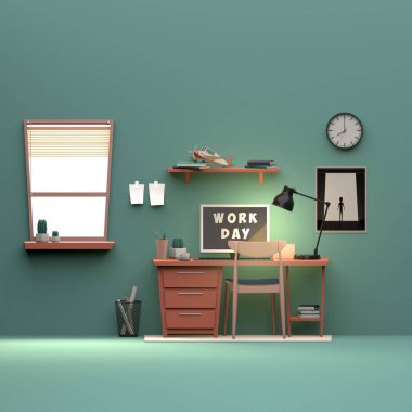 Ofisin içinde çalışma masası, dizüstü bilgisayar, ışık ve aksesuarlar var..