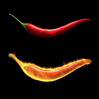Kırmızı biber ve kırmızı biber. Ateşin gerçekçi 3 boyutlu modeli ve siyah arkaplanda oluşturduğu etki..