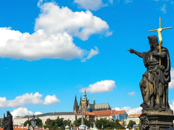 Detail Statue Cyril Charles Bridge Prague Cathedral Background — 스톡 사진