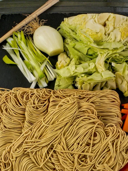 Ingredients Home Cooking Chinese Noodles Carrot Cabbage Onion Soy Copy — Stock Photo, Image