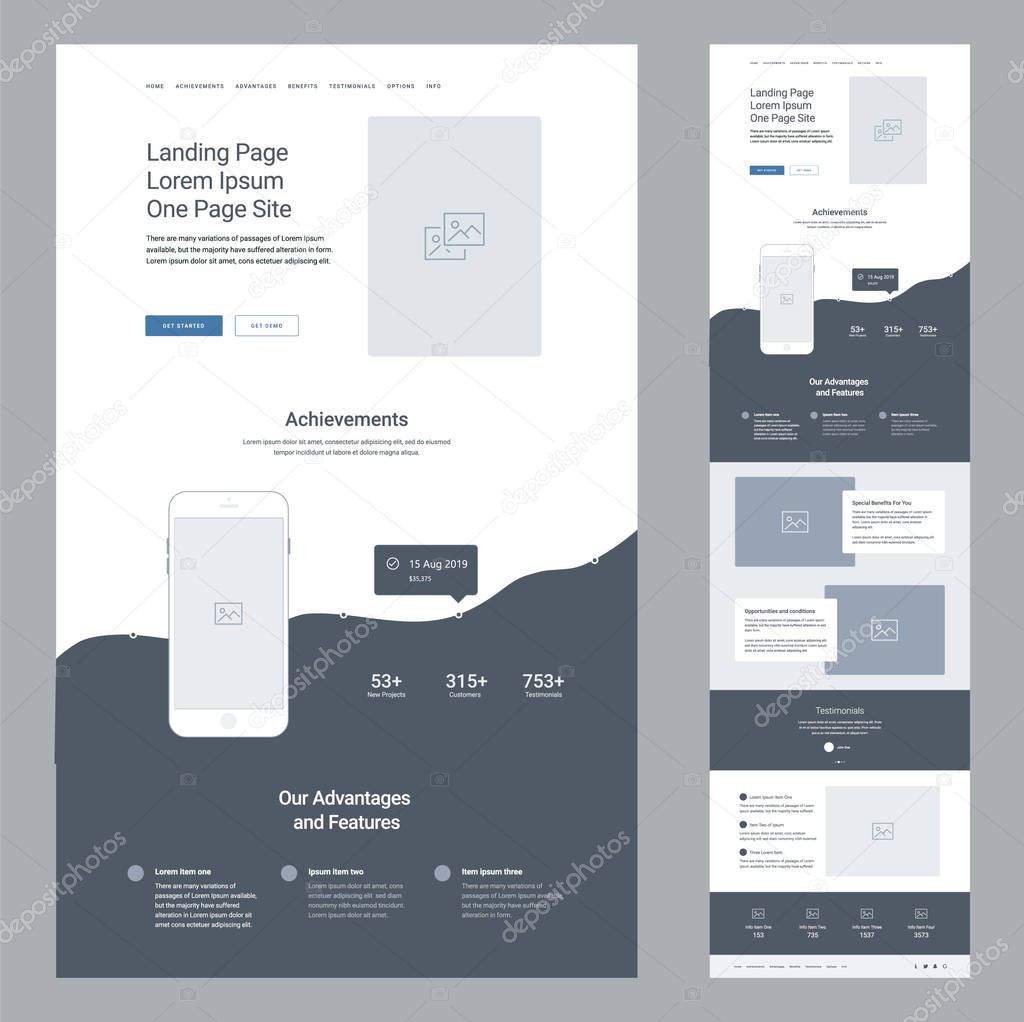Landing page wireframe design for business. One page website layout template. Modern responsive design. Ux ui website.