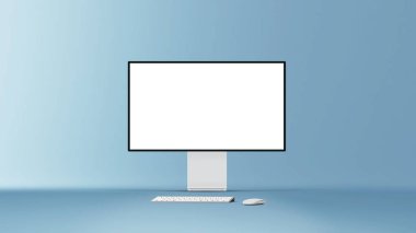 Arka planda klavye ve fare olan yeni masaüstü profesyonel bilgisayar görüntüsü. Boş düz ekran ekran. Modern yaratıcı çalışma alanı geçmişi. Bilgisayar ön görünümü 3d illüstrasyon.