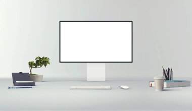 Arka planda klavye ve fare olan yeni masaüstü profesyonel bilgisayar görüntüsü. Boş düz ekran ekran. Modern yaratıcı çalışma alanı geçmişi. Bilgisayar ön görünümü 3d illüstrasyon.
