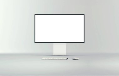 Arka planda klavye ve fare olan yeni masaüstü profesyonel bilgisayar görüntüsü. Boş düz ekran ekran. Modern yaratıcı çalışma alanı geçmişi. Bilgisayar ön görünümü 3d illüstrasyon.