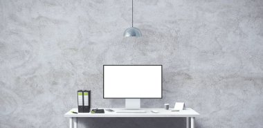 New computer display and office tools on desk. Blank desktop computer screen. Modern creative workspace background. Front view illustration.