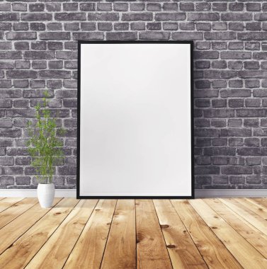 Yerde beyaz bir poster ve boş çerçeve modeli var. Modelleme.