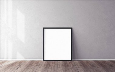 Yerde beyaz bir poster ve boş çerçeve modeli var. Modelleme.