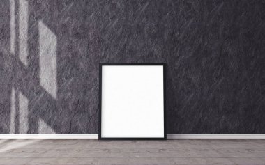 Yerde beyaz bir poster ve boş çerçeve modeli var. Modelleme.