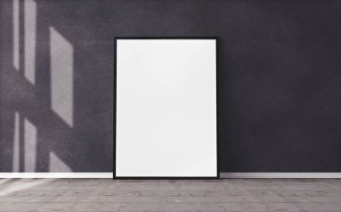 Yerde beyaz bir poster ve boş çerçeve modeli var. Modelleme.