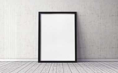 Ahşap zeminde çerçeveli beyaz boş poster.