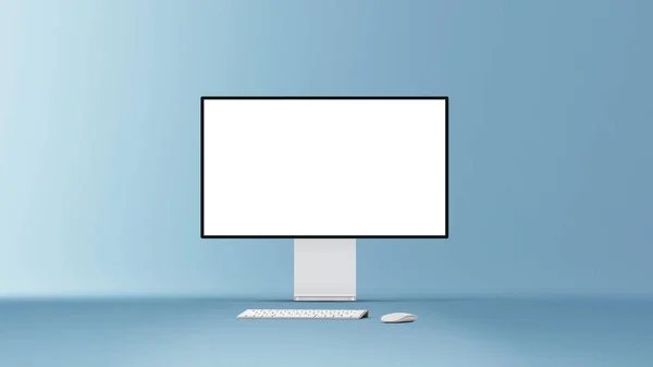 キーボードとマウスを背景にした新しいデスクトップコンピュータのプロのディスプレイ フラットモニター画面 現代のクリエイティブワークスペースの背景 コンピューターフロントビュー3Dイラスト — ストック写真