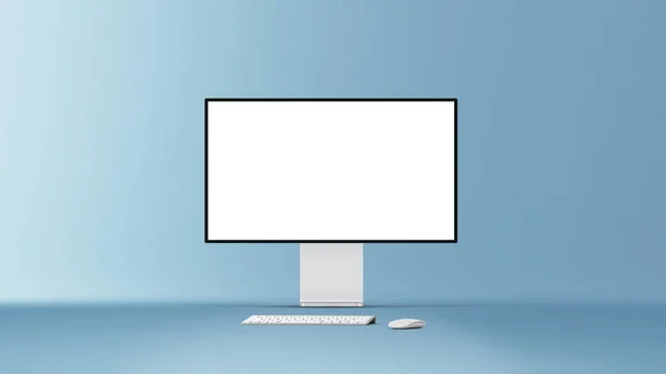 Arka planda klavye ve fare olan yeni masaüstü profesyonel bilgisayar görüntüsü. Boş düz ekran ekran. Modern yaratıcı çalışma alanı geçmişi. Bilgisayar ön görünümü 3d illüstrasyon.