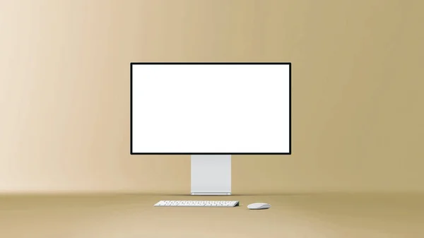 새로운 데스크톱 컴퓨터는 키보드와 마우스 배경에 디스플레이를 지원한다 모니터 현대의 — 스톡 사진