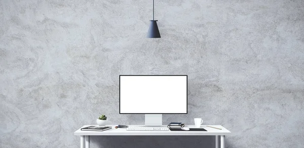 New computer display and office tools on desk. Blank desktop computer screen. Modern creative workspace background. Front view illustration.