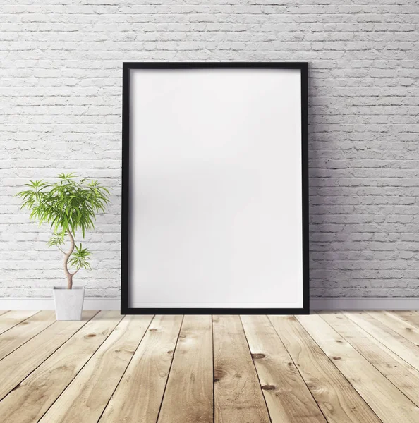 Yerde beyaz bir poster ve boş çerçeve modeli var. Modelleme.