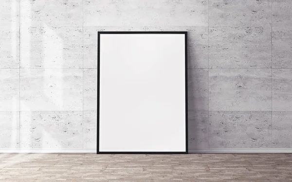 Biały Plakat Ramą Drewnianej Podłodze — Zdjęcie stockowe