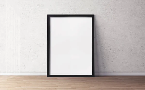 Biały Plakat Ramą Drewnianej Podłodze — Zdjęcie stockowe