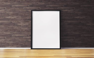 Ahşap zeminde çerçeveli beyaz boş poster.