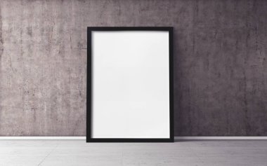 Yerde beyaz bir poster ve boş çerçeve modeli var. Modelleme.
