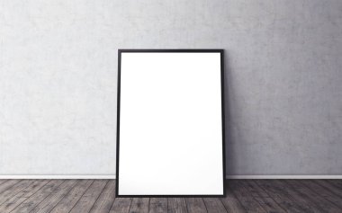 Yerde beyaz bir poster ve boş çerçeve modeli var. Modelleme.