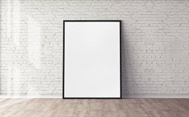 Yerde beyaz bir poster ve boş çerçeve modeli var. Modelleme.