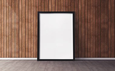 Yerde beyaz bir poster ve boş çerçeve modeli var. Modelleme.