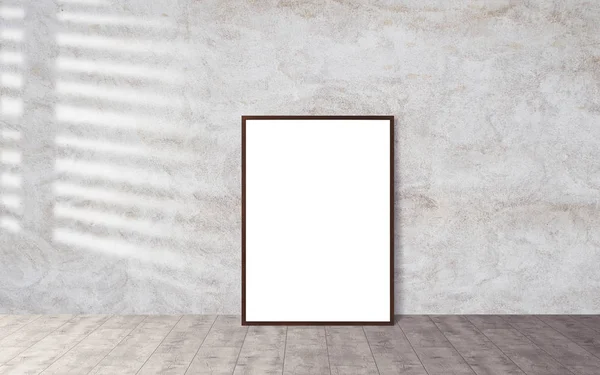 木制地板上有框架的白色空白海报 — 图库照片