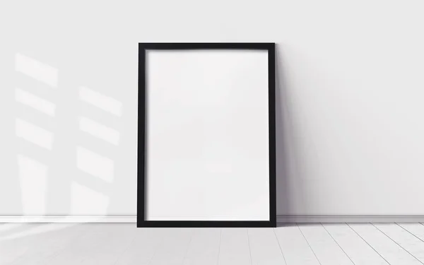 Yerde beyaz bir poster ve boş çerçeve modeli var. Modelleme.