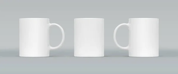 Coffee or tea cup on background. Blank mug mock up with different sides. Empty gift pint set branding template. Glassy restaurant tankard for your design.