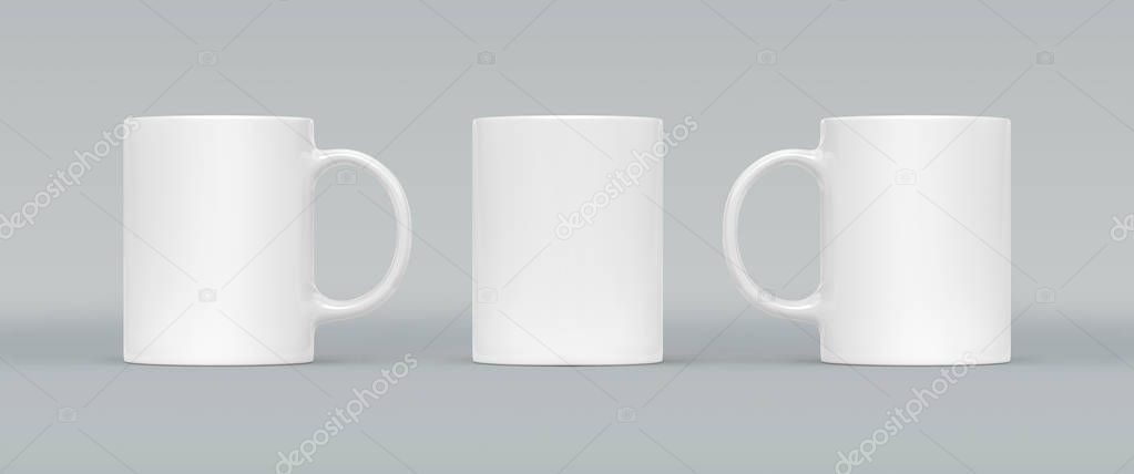 Coffee or tea cup on background. Blank mug mock up with different sides. Empty gift pint set branding template. Glassy restaurant tankard for your design.