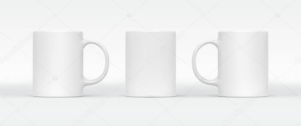 Coffee or tea cup on background. Blank mug mock up with different sides. Empty gift pint set branding template. Glassy restaurant clean tankard 3d illustration for your design.