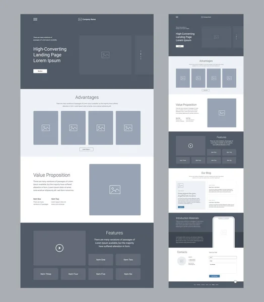 Diseño Wireframe Páginas Aterrizaje Para Empresas Plantilla Diseño Una Página — Vector de stock