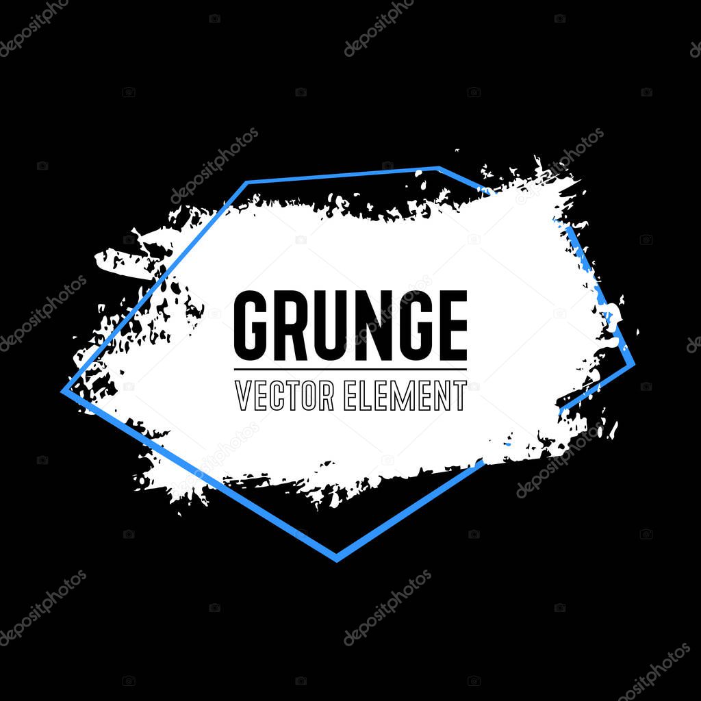 White brush on black background. Hand painted grunge element. Color ink drawing abstract dirty blot. Artistic design place for text, quote, information, company name.