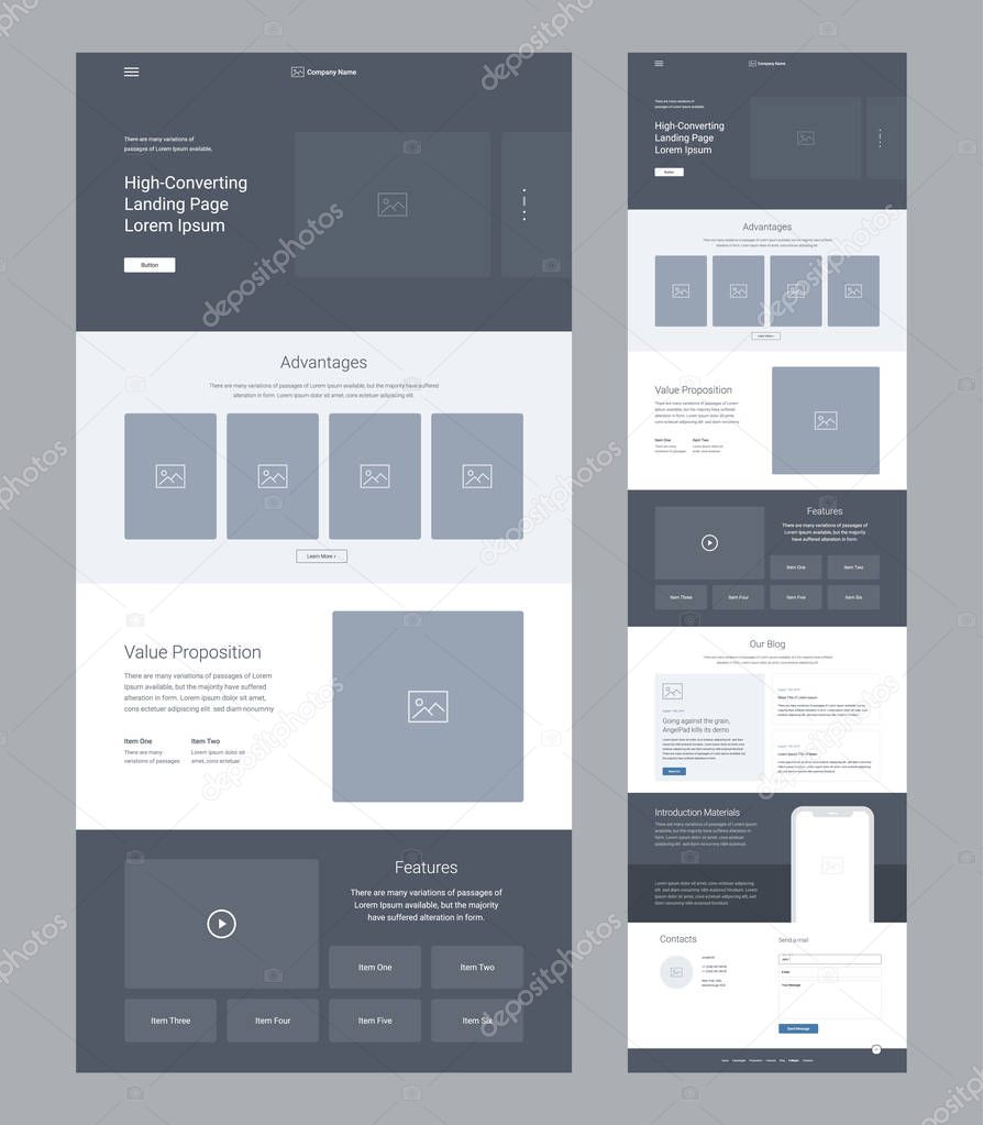 Landing page wireframe design for business. One page website layout template. Modern responsive design. Ux ui website.